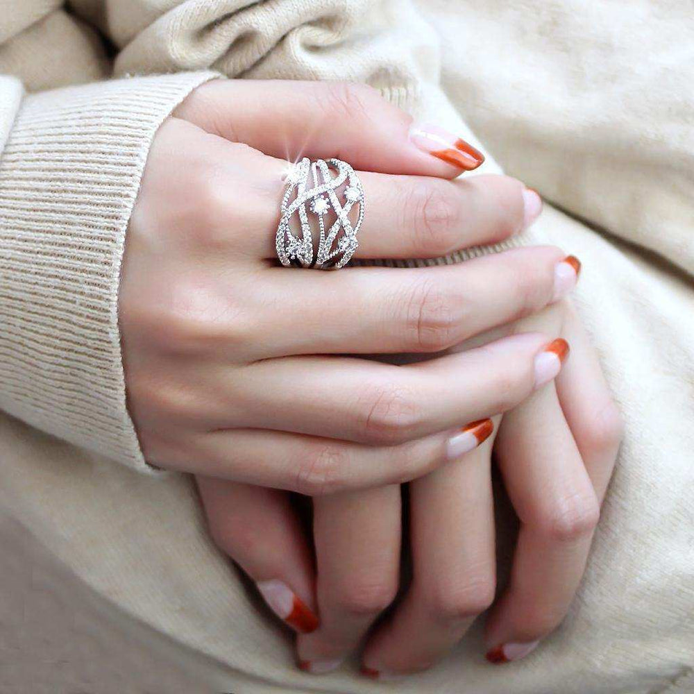 Alamode Rhodium Brass Ring with AAA Grade CZ in Clear - Alamode - Flyclothing LLC