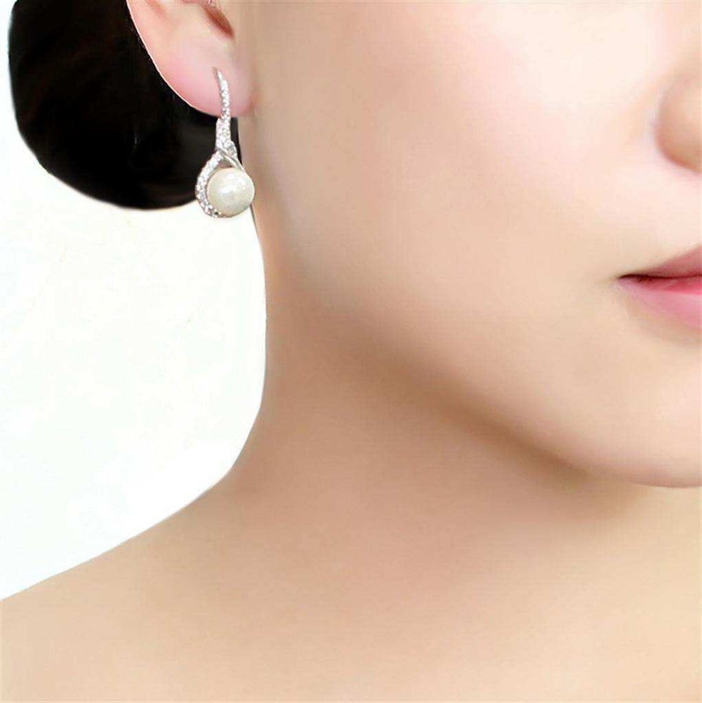 Alamode Rhodium Brass Earrings with Synthetic Pearl in White - Alamode - Flyclothing LLC