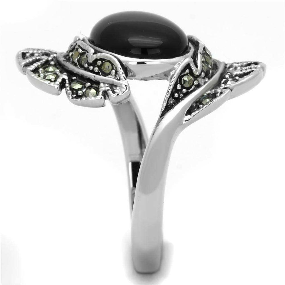 Alamode Rhodium Brass Ring with Synthetic Onyx in Jet - Alamode - Flyclothing LLC