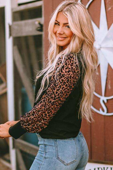 Leopard Print Long Sleeve Ribbed Knit Blouse - Trendsi - Flyclothing LLC