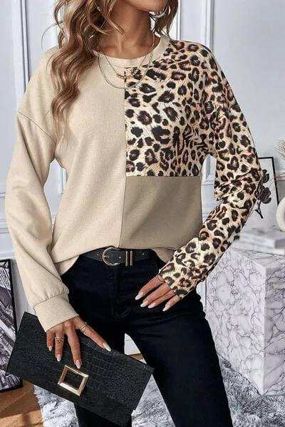 Leopard Waffle Knit Long Sleeve T-Shirt - Trendsi - Flyclothing LLC