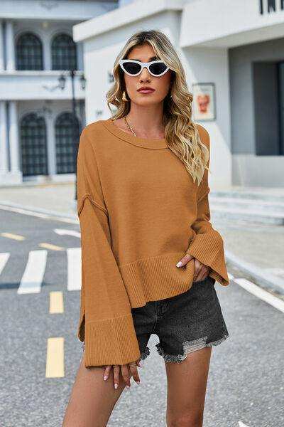 High-Low Slit Round Neck Long Sleeve Sweater - Trendsi - Flyclothing LLC