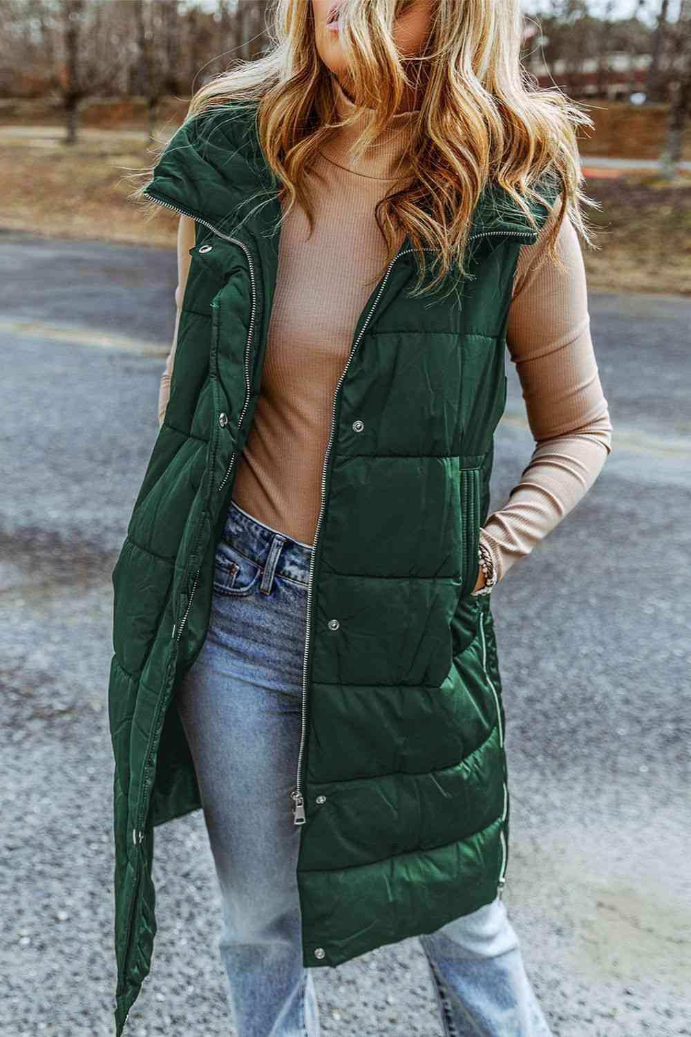 Longline Hooded Sleeveless Puffer Vest - Trendsi - Flyclothing LLC