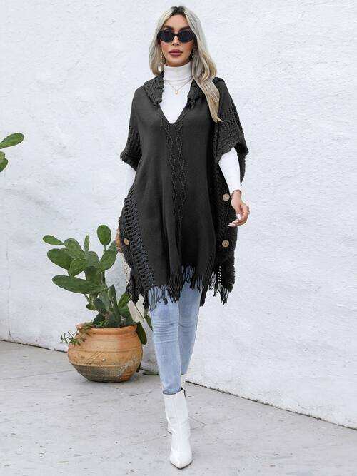 Fringe Trim Buttoned Hooded Poncho - Trendsi - Flyclothing LLC
