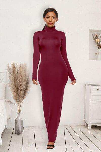 Mock Neck Long Sleeve Maxi Slim Dress - Trendsi - Flyclothing LLC