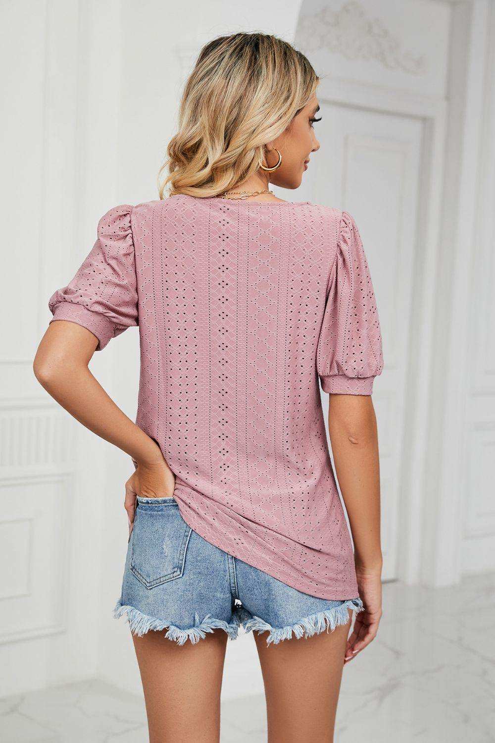 Eyelet Puff Sleeve Round Neck Top - Trendsi - Flyclothing LLC