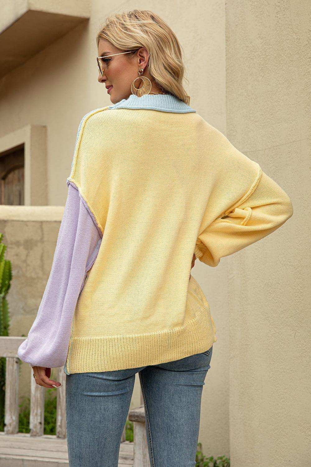 Color Block Round Neck Dropped Shoulder Sweater - Trendsi - Flyclothing LLC