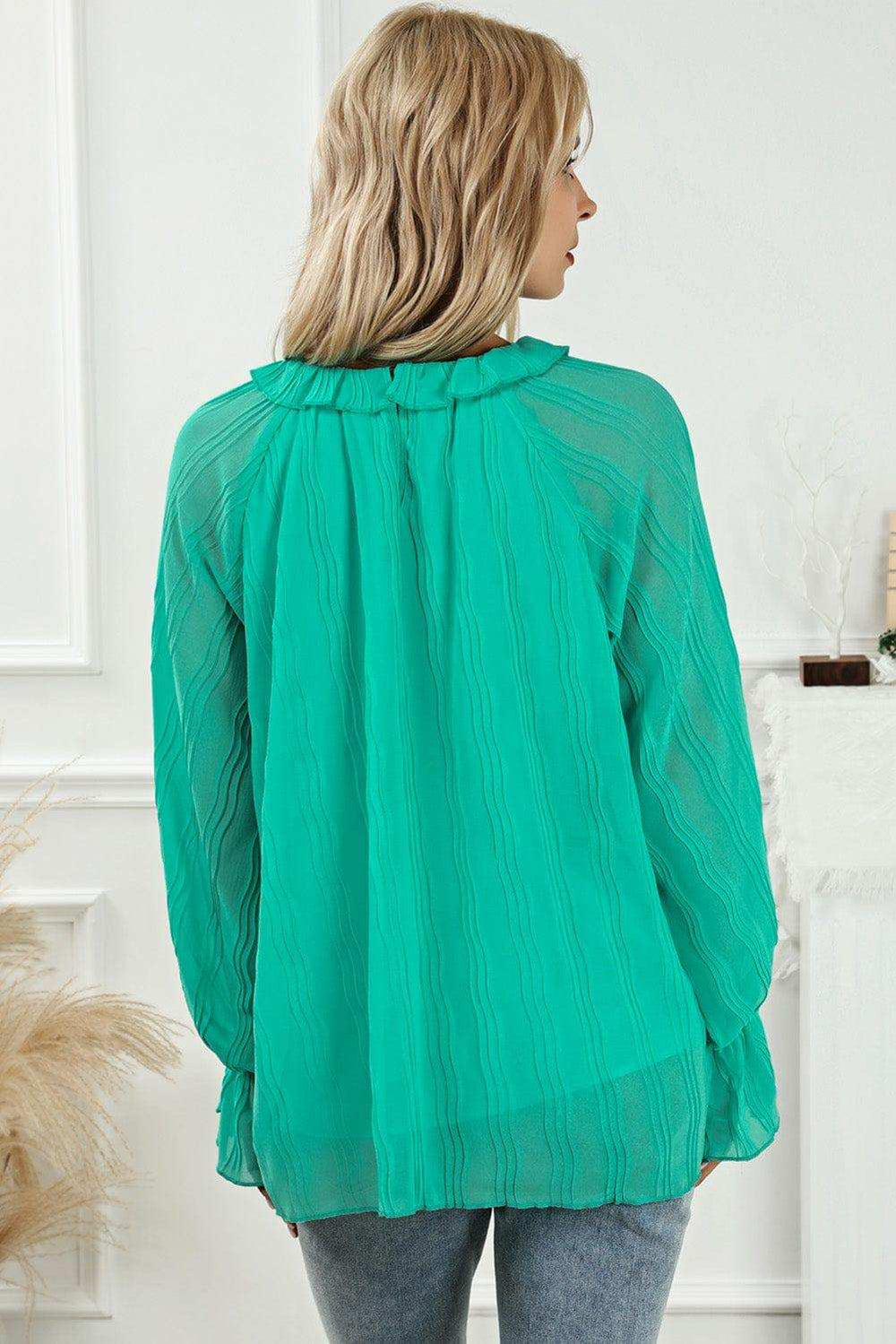 Round Neck Flounce Sleeve Blouse - Trendsi - Flyclothing LLC