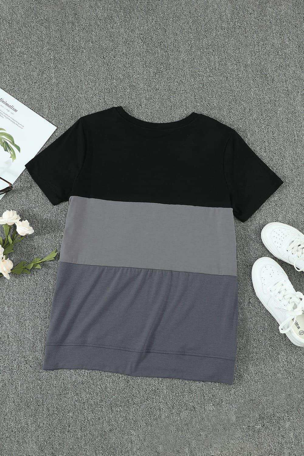 Color Block Side Slit Round Neck T-Shirt - Trendsi - Flyclothing LLC