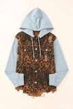 Leopard Distressed Drawstring Hooded Denim Jacket - Trendsi - Flyclothing LLC