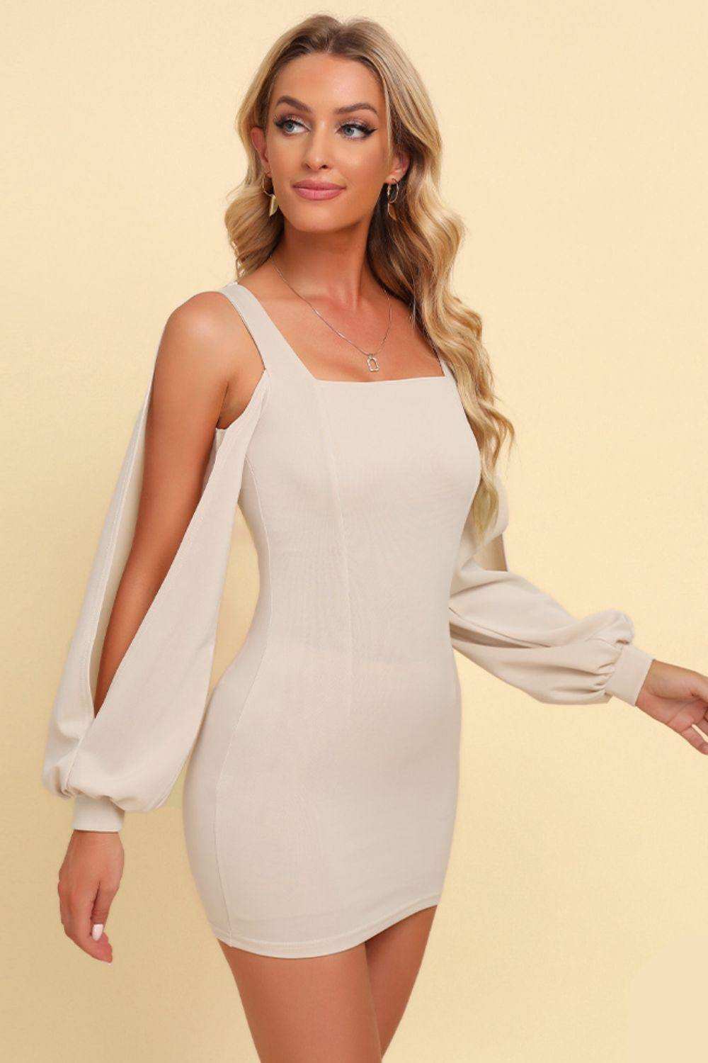Square Neck Split Sleeve Mini Dress - Trendsi - Flyclothing LLC