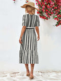 Striped Tie Belt Round Neck Puff Sleeve Dress - Trendsi - Flyclothing LLC