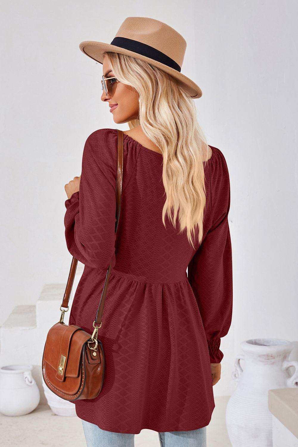 V-Neck Lantern Sleeve Blouse - Trendsi - Flyclothing LLC