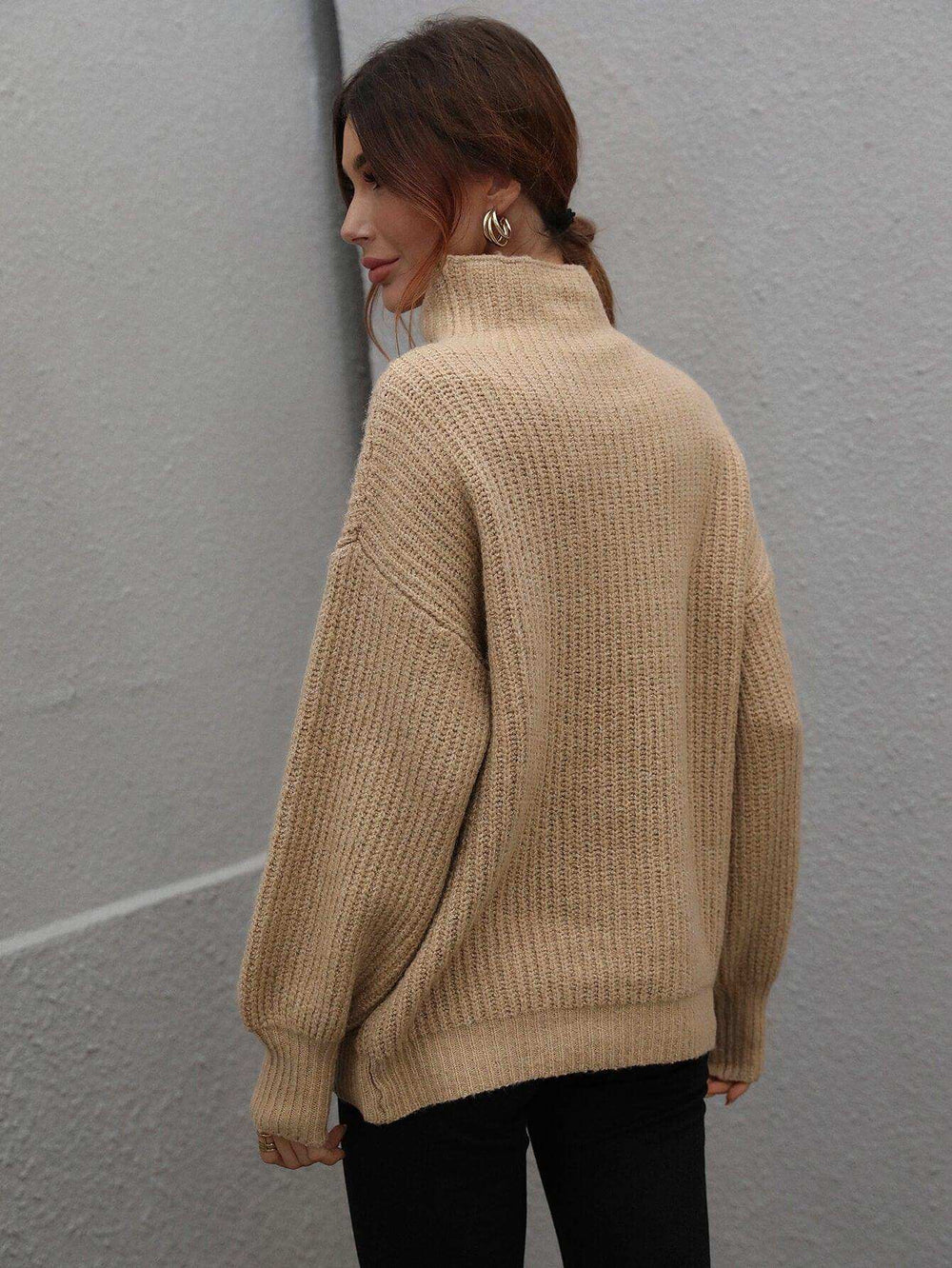 High Neck Balloon Sleeve Rib-Knit Pullover Sweater - Trendsi - Flyclothing LLC