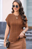 Cable-Knit Round Neck Cap Sleeve Sweater - Trendsi - Flyclothing LLC
