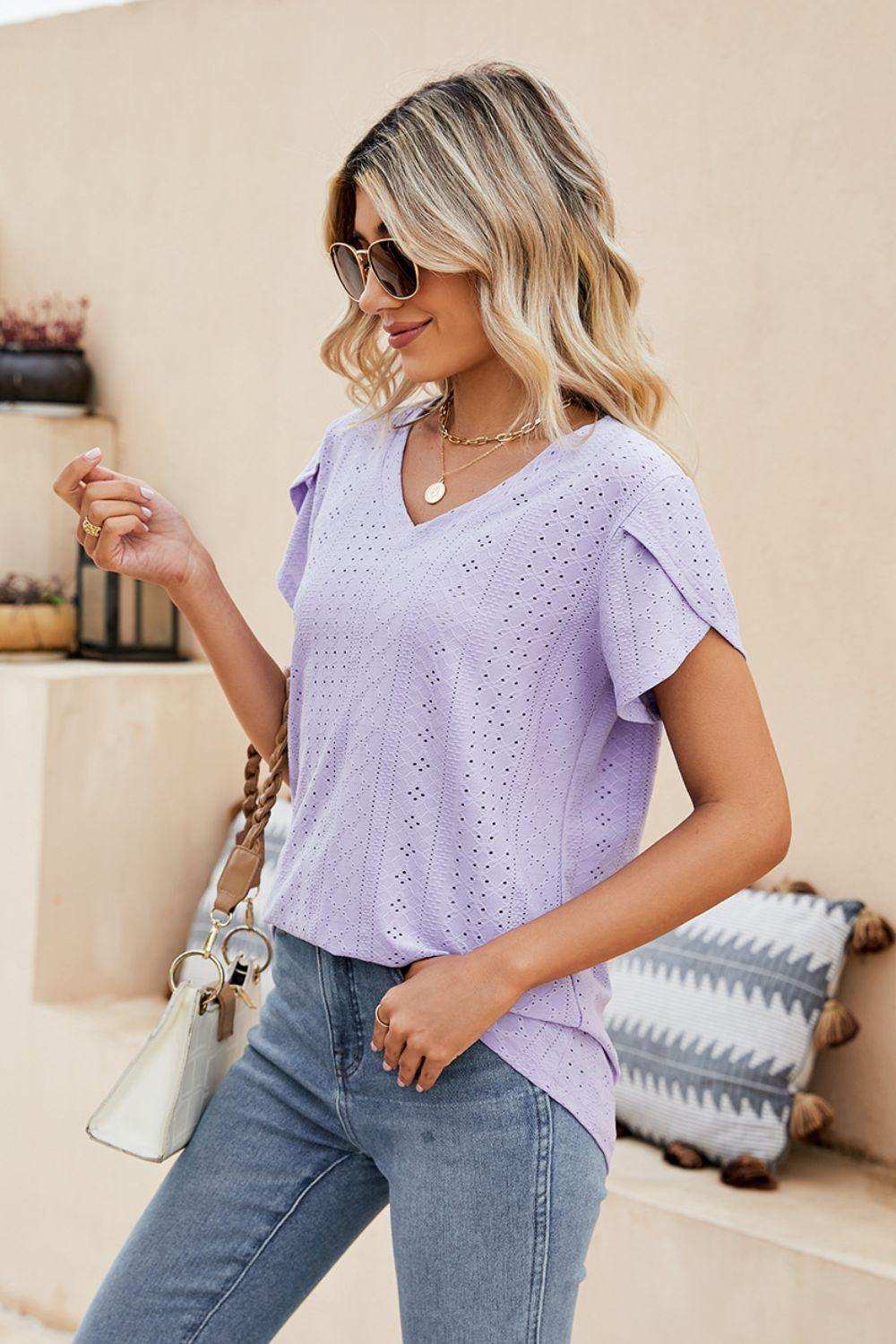 Eyelet Petal Sleeve V-Neck Knit Top - Trendsi - Flyclothing LLC