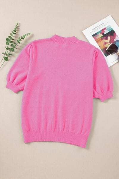 Flower Mock Neck Short Sleeve Sweater - Trendsi - Flyclothing LLC