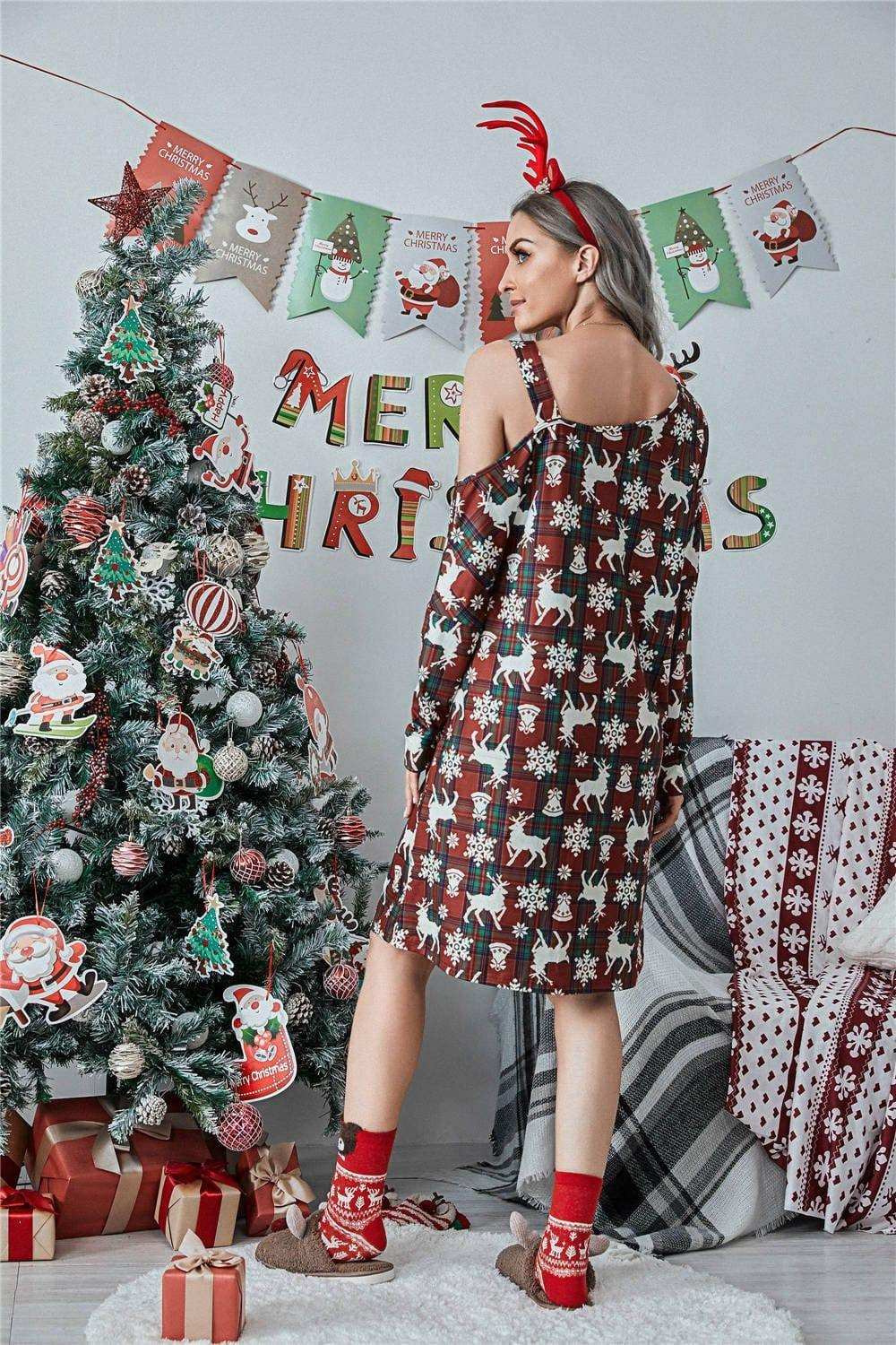 Christmas Asymmetrical Neck Long Sleeve Dress - Trendsi - Flyclothing LLC