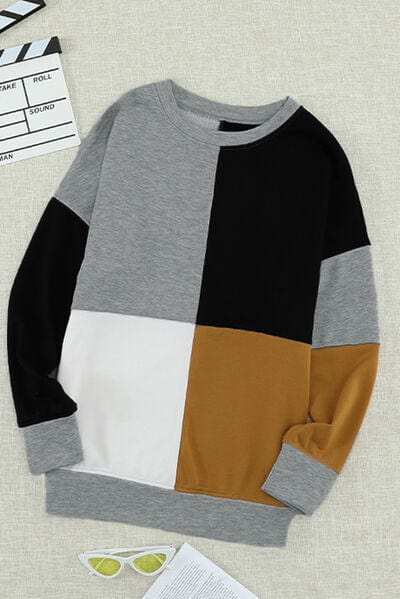 Color Block Round Neck Sweatshirt - Trendsi - Flyclothing LLC