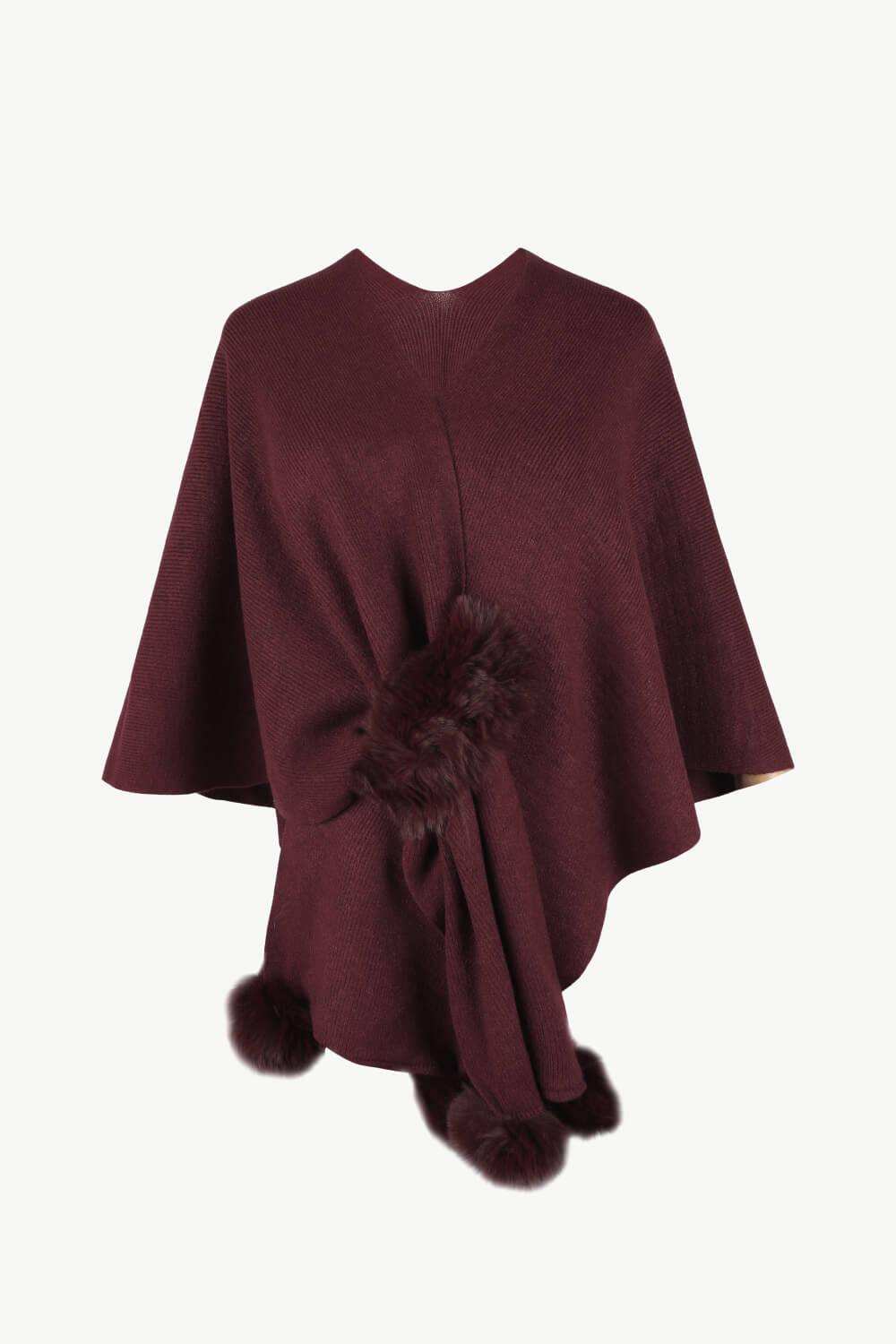 Surplice Neck Pom-Pom Trim Poncho - Trendsi - Flyclothing LLC