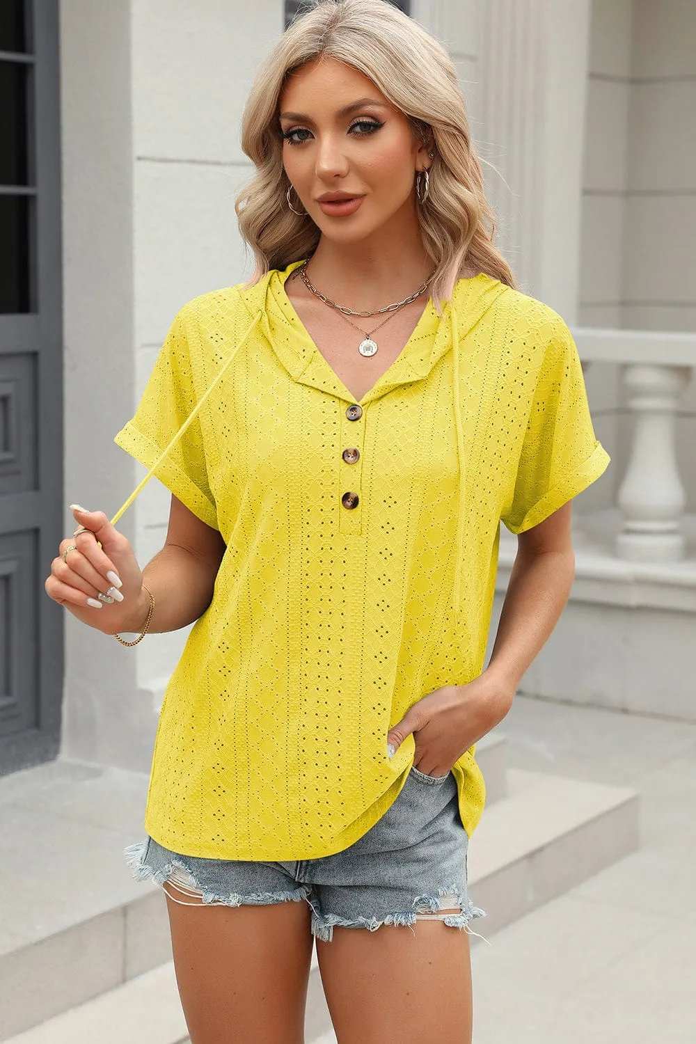 Eyelet Drawstring Hooded Short Sleeve Blouse - Trendsi - Flyclothing LLC