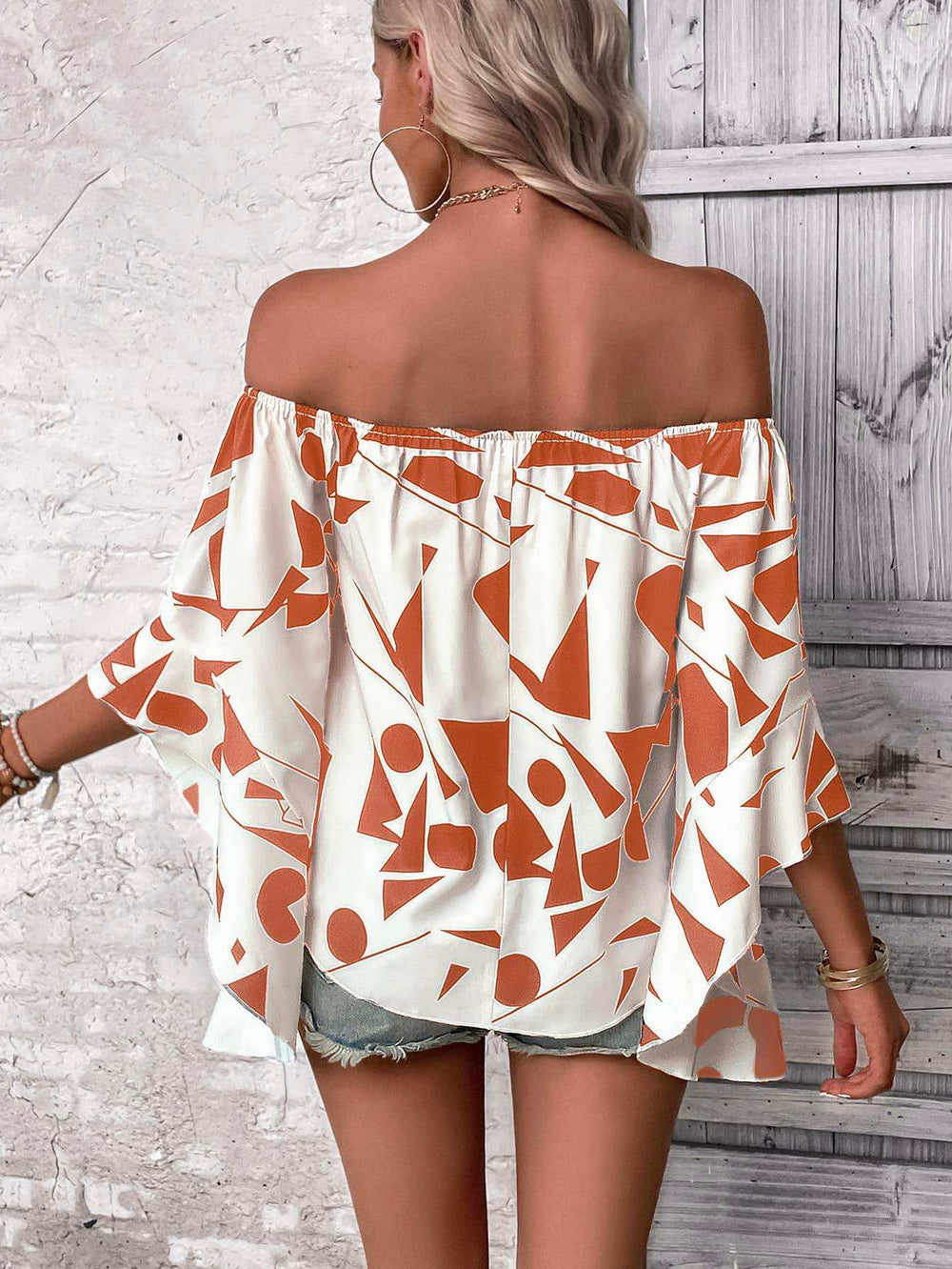 Printed Off-Shoulder Bell Sleeve Blouse - Trendsi - Flyclothing LLC