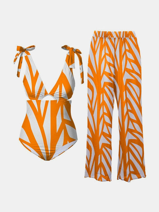 Printed Tie Shoulder Swimwear and Pants Swim Set - Trendsi - Flyclothing LLC