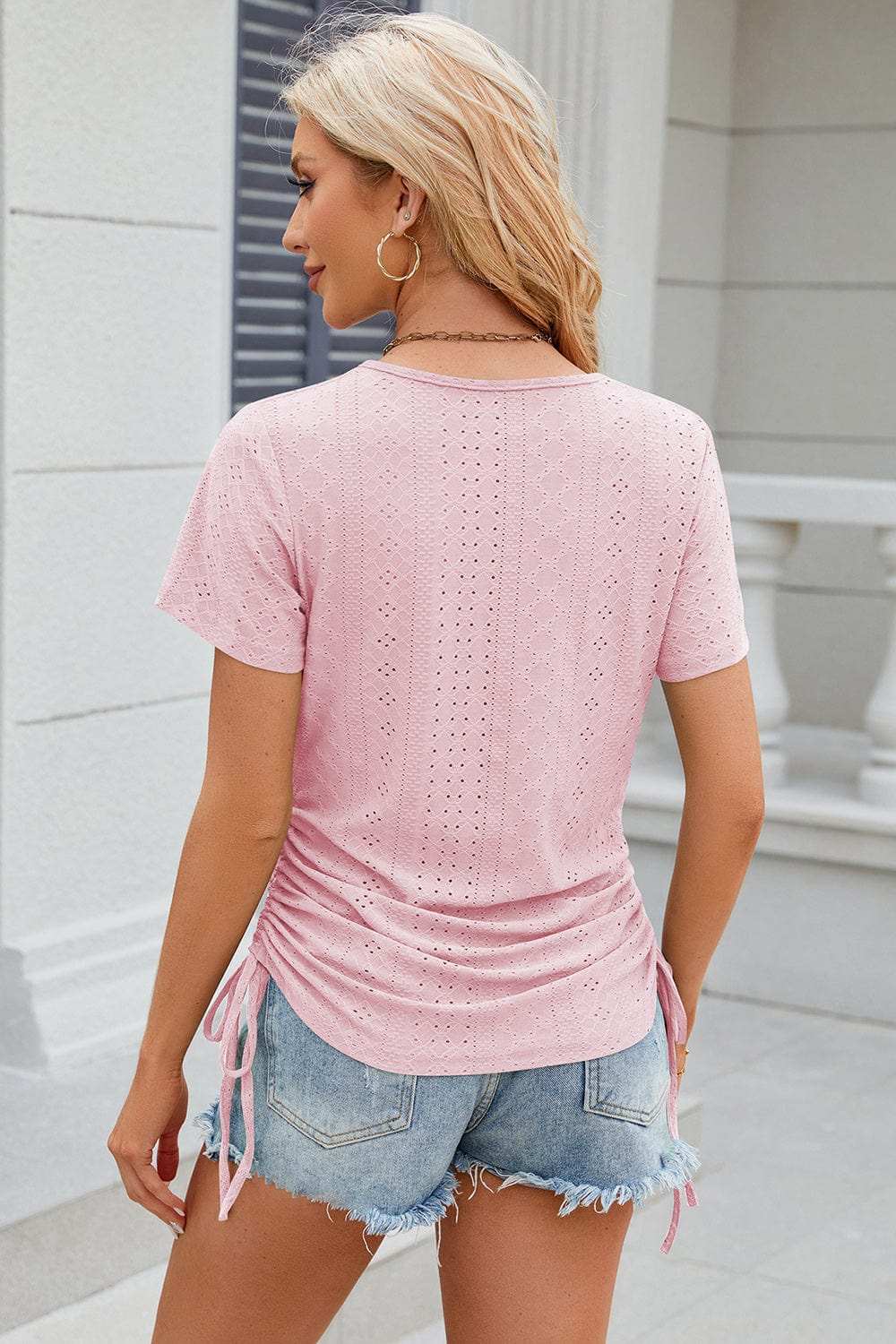 Eyelet Round Neck Short Sleeve T-Shirt - Trendsi - Flyclothing LLC