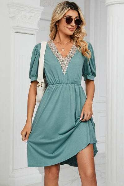 V-Neck Puff Sleeve Dress - Trendsi - Flyclothing LLC