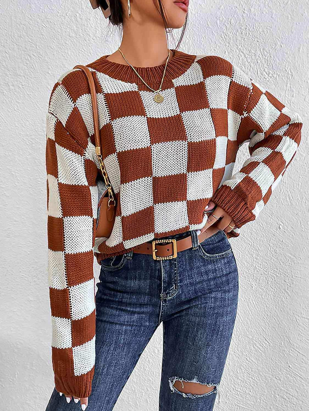 Checkered Round Neck Sweater - Trendsi - Flyclothing LLC