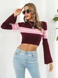 Ribbed Color Block Round Neck Cropped Sweater - Trendsi - Flyclothing LLC