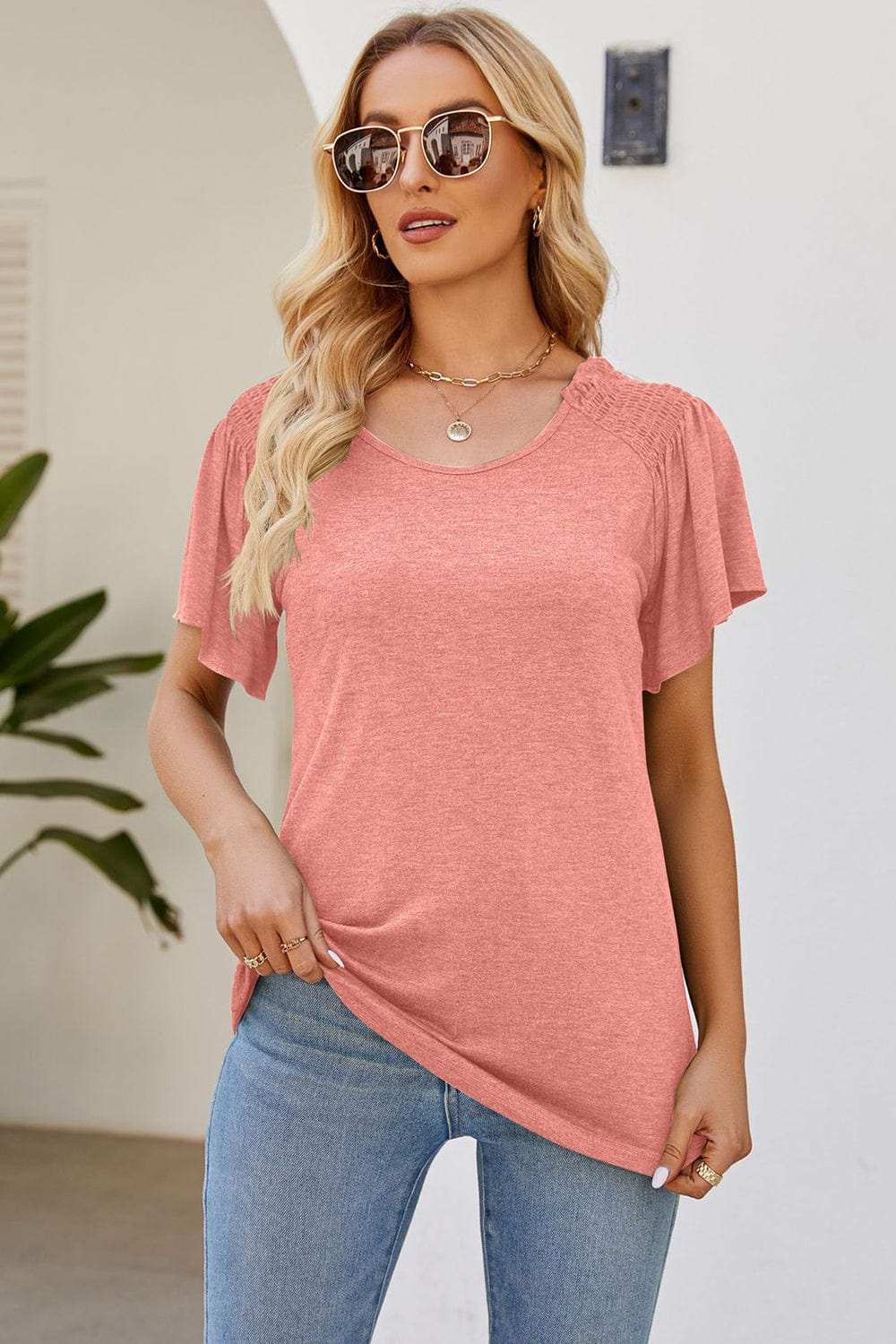 Smocked Round Neck Flutter Sleeve T-Shirt - Trendsi - Flyclothing LLC