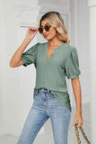 Eyelet Short Puff Sleeve Notched Neck Top - Trendsi - Flyclothing LLC