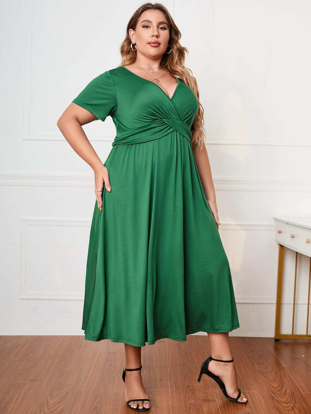 Plus Size Short Sleeve Surplice Neck Midi Dress - Trendsi - Flyclothing LLC