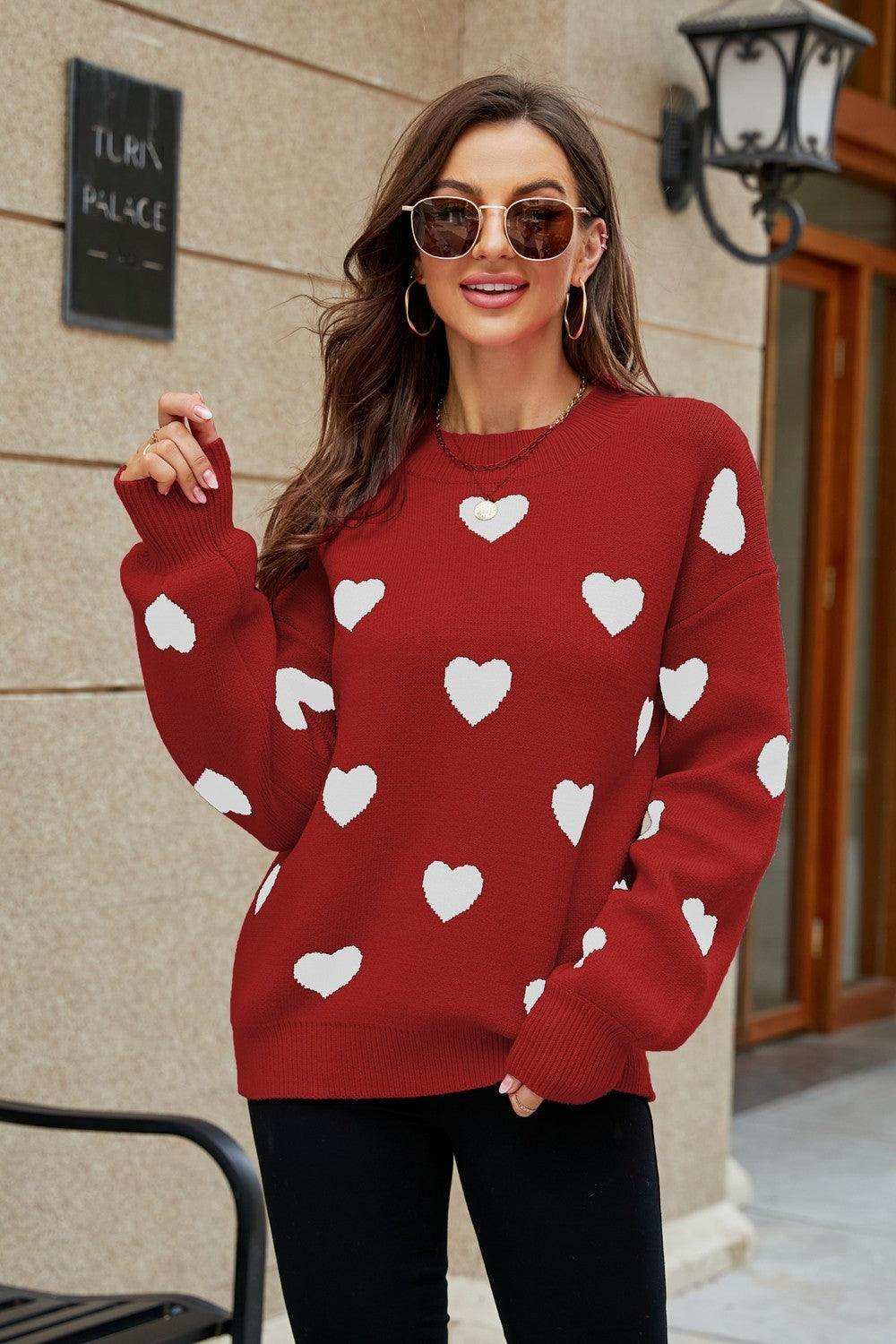 Heart Pattern Lantern Sleeve Round Neck Tunic Sweater - Trendsi - Flyclothing LLC