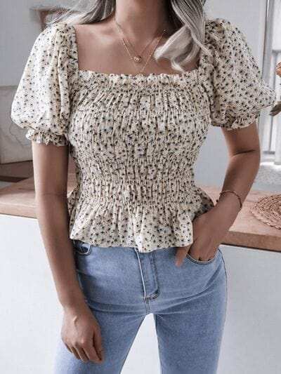 Frill Smocked Square Neck Short Sleeve Blouse - Trendsi - Flyclothing LLC