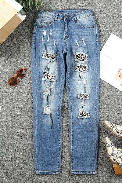 Leopard Distressed Pocketed Straight Jeans - Trendsi - Flyclothing LLC