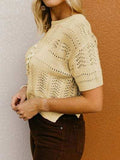 Openwork Round Neck Short Sleeve Sweater - Trendsi - Flyclothing LLC