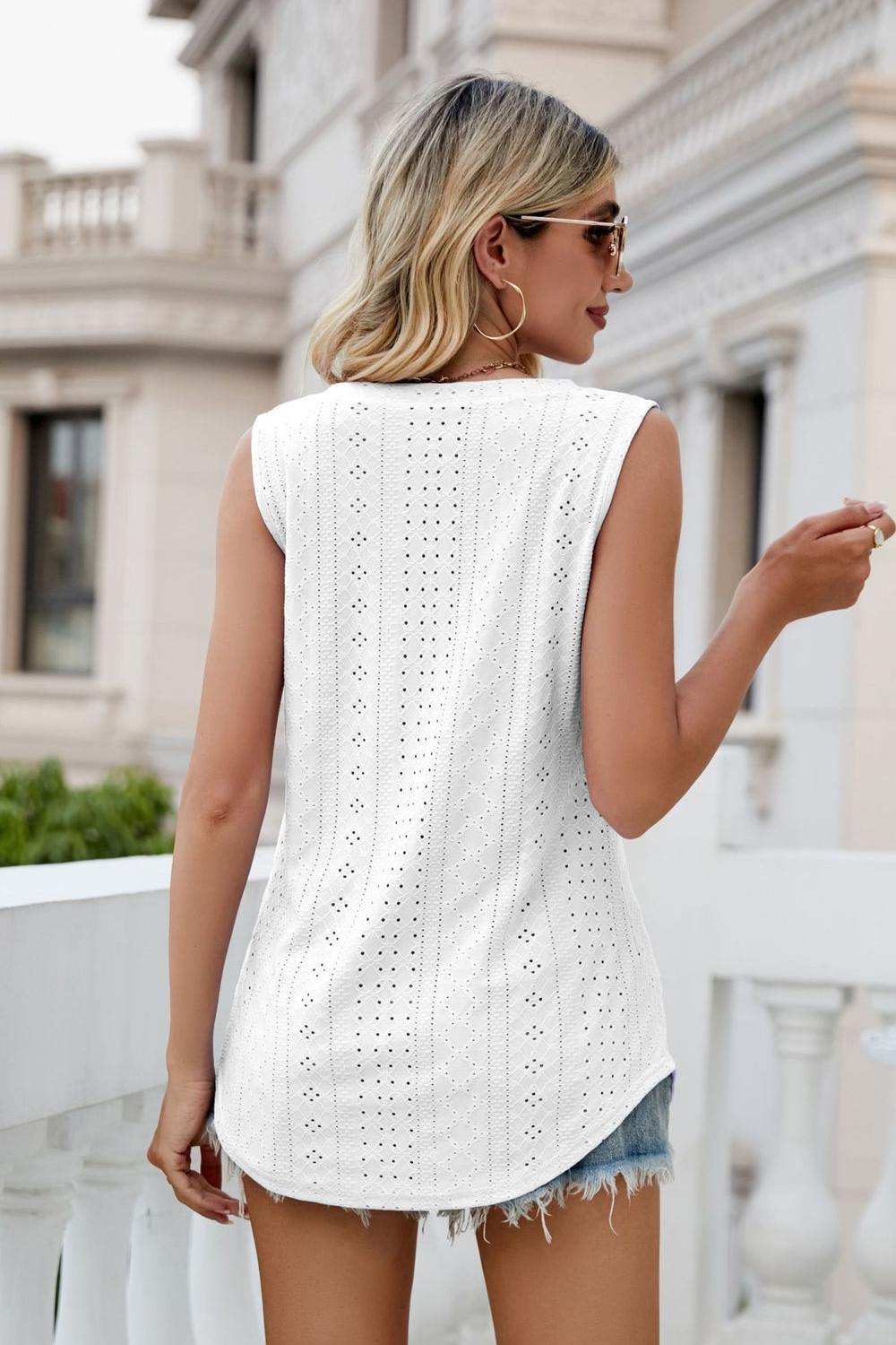 Eyelet V-Neck Tank - Trendsi - Flyclothing LLC