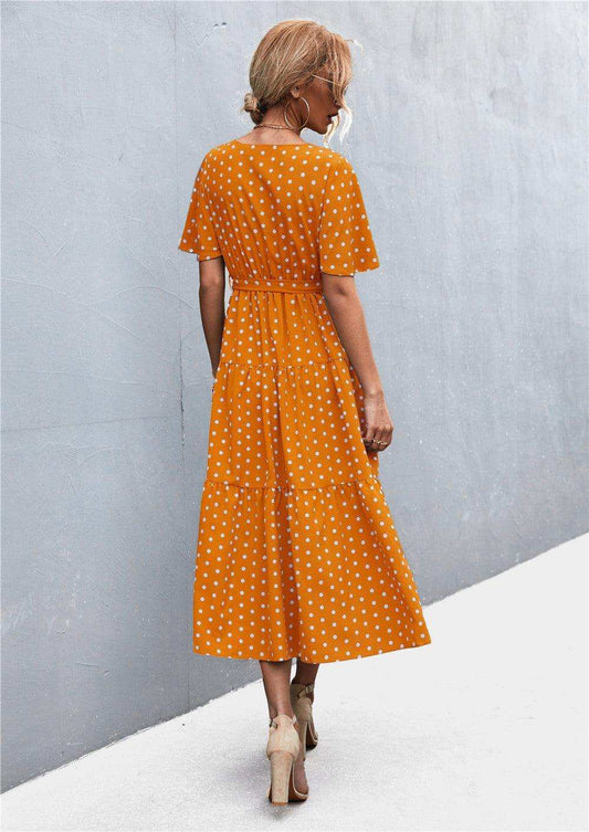 Printed V-Neck Flutter Sleeve Belted Dress - Trendsi - Flyclothing LLC