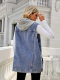 Drawstring Pocketed Button Up Sleeveless Denim Jacket - Trendsi - Flyclothing LLC