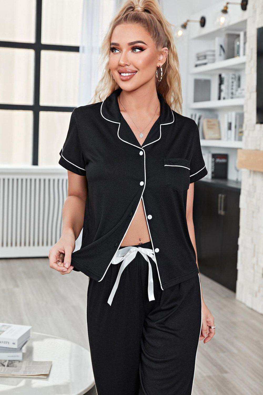 Contrast Piping Short Sleeve Top and Pants Pajama Set - Trendsi - Flyclothing LLC