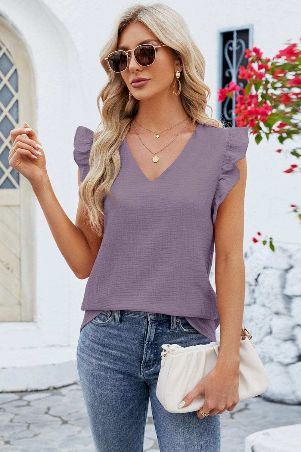 Ruffled V-Neck Cap Sleeve Blouse - Trendsi - Flyclothing LLC