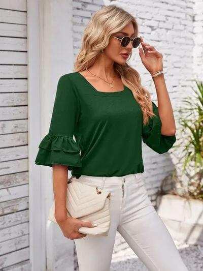 Ruffled Suqare Neck Half Sleeve Blouse - Trendsi - Flyclothing LLC