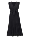 Tied Surplice Cap Sleeve Pleated Dress - Trendsi - Flyclothing LLC