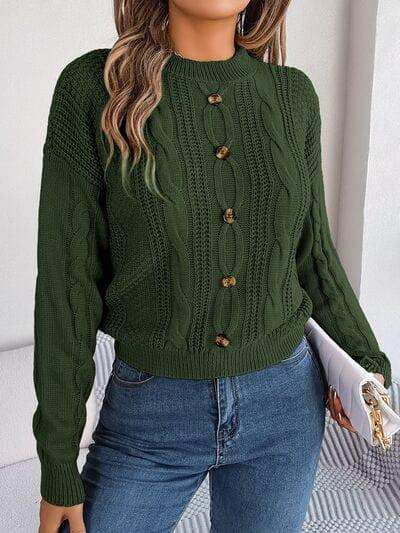 Cable-Knit Buttoned Round Neck Sweater - Trendsi - Flyclothing LLC