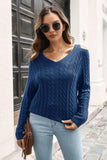 Cold Shoulder V-Neck Cable-Knit Pullover Sweater - Trendsi - Flyclothing LLC
