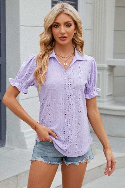 Eyelet Johnny Collar Short Sleeve Blouse - Trendsi - Flyclothing LLC