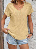 Eyelet V-Neck Short Sleeve T-Shirt - Trendsi - Flyclothing LLC