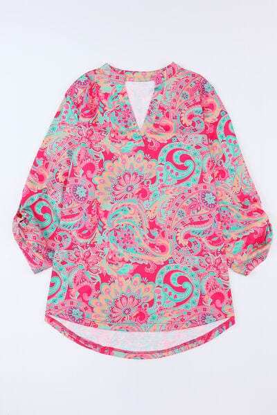 Plus Size Printed Notched Long Sleeve Blouse - Trendsi - Flyclothing LLC